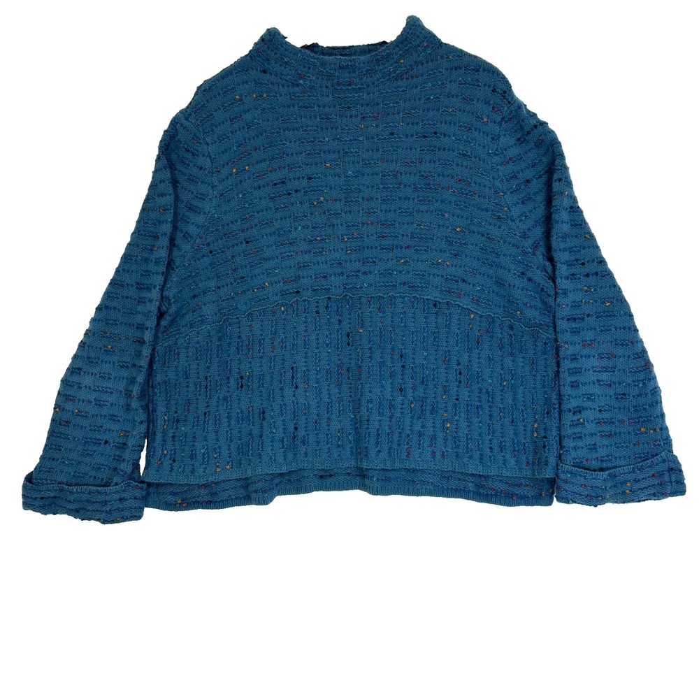 Habitat Sweater Blue Speckled Mock Neck Chunky Knit Rolled Cuff Lagenlook Boho L